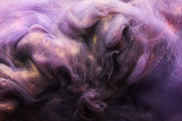 Lilac sparkling abstract background, luxury gold smoke, acrylic paint underwater explosion, cosmic swirling ink © amixstudio