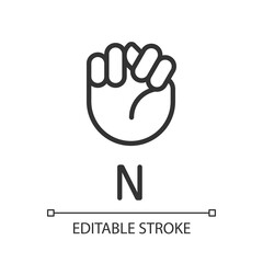 Letter N sign in ASL pixel perfect linear icon. Communication system. Visual modality. Thin line illustration. Contour symbol. Vector outline drawing. Editable stroke. Arial font used