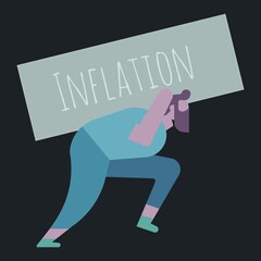 Inflation illustration concept. Man struggling with the increase burden of the cost of goods and services.