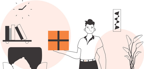 The man is holding a parcel. Delivery concept. Linear style.