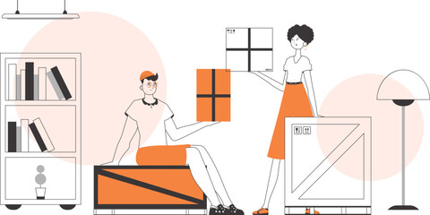 Courier team. The concept of the delivery of goods and parcels. Linear style.