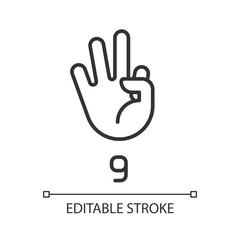 Signing digit nine in ASL pixel perfect linear icon. Non verbal language system. Communication. Thin line illustration. Contour symbol. Vector outline drawing. Editable stroke. Arial font used