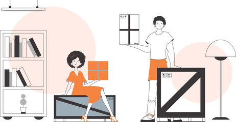 Courier team. The concept of the delivery of goods and parcels. Linear modern style.