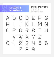 Numbers and letters pixel perfect linear icons set. Education material. Customizable thin line symbols. Isolated vector outline illustrations. Editable stroke. Montserrat Bold, Light fonts used