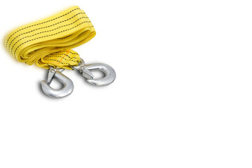 Isolated image of yellow nylon webbing with white steel hooks on a white background, suitable for...