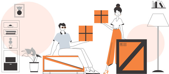 Guy and girl courier. The concept of the delivery of goods and parcels. Linear trendy style.