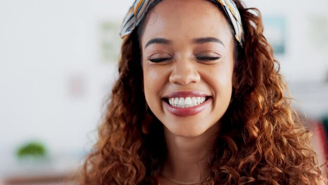 Fashion design, portrait and woman with smile while working in retail at a shop or boutique. Face of a young, comic and creative designer laughing, being funny and happy at studio or store for design