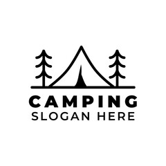 camping logo template with tent and pine tree image on isolated background