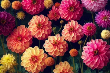 Poster Red white Dahlia flowers with rain drops, top view wallpaper background. Colorful dahlia flowers, wallpaper backdrop. Blossoming dahlias bloom © Pixel Park