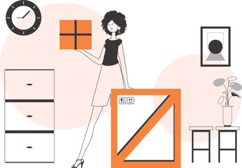 The woman is holding a parcel. Parcel Provider. Linear modern style.
