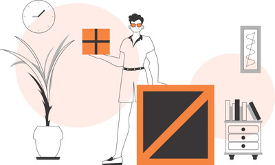 The man is holding a parcel. Parcel delivery concept. Linear style.