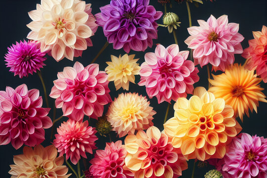 Red white Dahlia flowers with rain drops, top view wallpaper background. Colorful dahlia flowers, wallpaper backdrop. Blossoming dahlias bloom