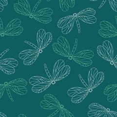 Dragonfly seamless pattern on green. Flying insects repeated ornament. Vector illustration for fabric, textile, background, packaging, wrapping paper. 