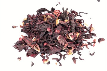 Bunch of dry hibiscus tea isolated on white background
