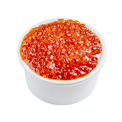 Appetizing red caviar in a white ceramic bowl isolated on white background.  Raw seafood. Luxury delicacy food.