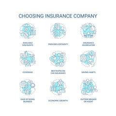 Choosing insurance company turquoise concept icons set. Business protection. Coverage idea thin line color illustrations. Isolated symbols. Editable stroke. Roboto-Medium, Myriad Pro-Bold fonts used