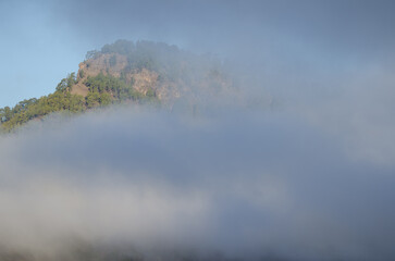 Alsandara Mountain in the fog. Integral Natural Reserve of Inagua. Tejeda. Gran Canaria. Canary Islands. Spain.