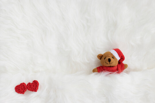 Newborn digital backdrop with christmas teddy bear and handmade hearts.  Newborn top view background.