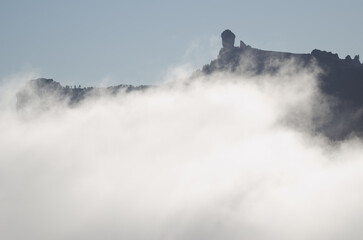 Roque Nublo in the fog. The Nublo Natural Monument. Tejeda. Gran Canaria. Canary Islands. Spain.