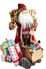 Santa Claus with skis, gifts and Christmas tree. santa toy isolated on white background.