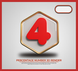 3D Render hexahon number 4 red gold