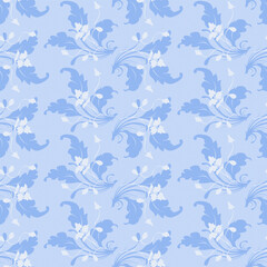 Fototapeta na wymiar Seamless botanical pattern in trendy blue color. Classic Blue Color of the Year 2020