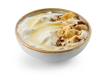 bowl of greek yogurt with honey and nuts