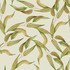 Watercolor Boho Hand Drawn Branches and Leaves Seamless Pattern