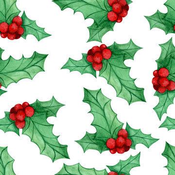 Watercolor Holly Green Leaves and Red Berries Seamless Pattern
