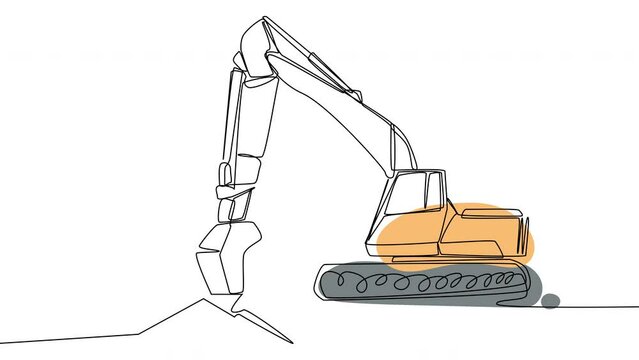 Self-drawing excavator single line on a white screen. Transport digging the ground animation. A simple video of earthworks for the construction of buildings. 4k whiteboard with alpha channel. 