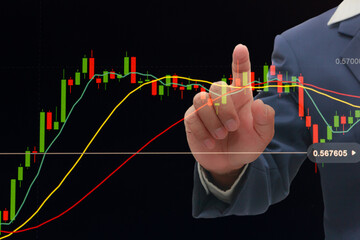 Hand touch screen on digital  candlestick graph and financial instruments with various type of indicators including  analysis . Fundamental and technical analysis concept.