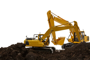 Two crawler excavators are digging the soil in the construction site on white  background,With bucket lift up