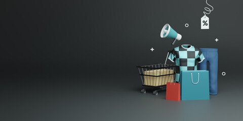 3d render T-shirt and Shopping bags special offer poster on Black friday