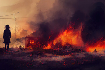 burning house with a lot of fire, illustration