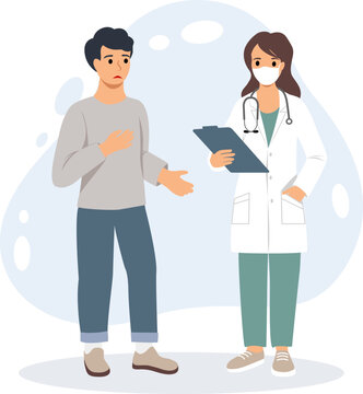 Vector illustration of a doctor consultation in a mask with a sad patient. Therapist in a white coat. Modern medical services and consultation concept. Vector illustration in flat style.