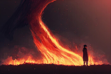 anime man illustration standing in front of burning land