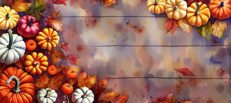 A Painting Of A Fall Scene With Pumpkins And Gourds, Amazing Thanksgiving Watercolor Paint Scene Abstract Banner Background Wallpaper. Used As Texture Background.