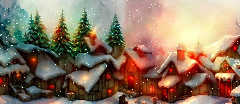 A Painting Of A Snowy Village With A Lot Of Trees, Amazing Snowy Winter Background Backdrop Wallpaper. Epic Concept Art Style Illustration.