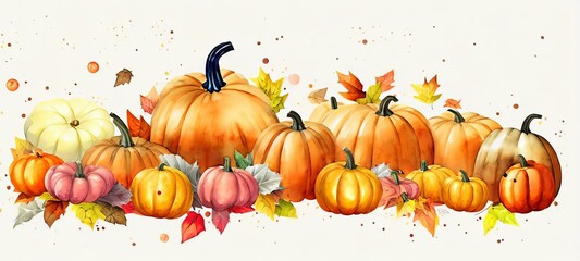 A Painting Of A Row Of Pumpkins With Autumn Leaves, Finest Abstract Wallpaper Background. For Ads For Product Presentation Display.