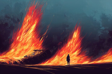 a burning fire disaster illustration, no way home
