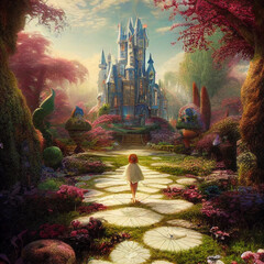 Alice in wonderland giant mushroom garden Cheshire - obrazy, fototapety, plakaty