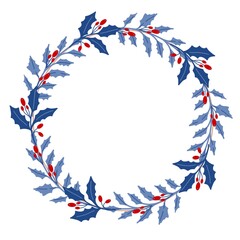 Obraz premium Winter wreath with blue branches and berries. Design for Holidays invitation, greeting card, poster, packaging, print.