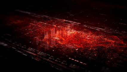 Futuristic abstract de-focus flowing data matrix, meta, metaverse, telemetry and encrypt numbers display with particles simulation in cyber space environment for head up display background