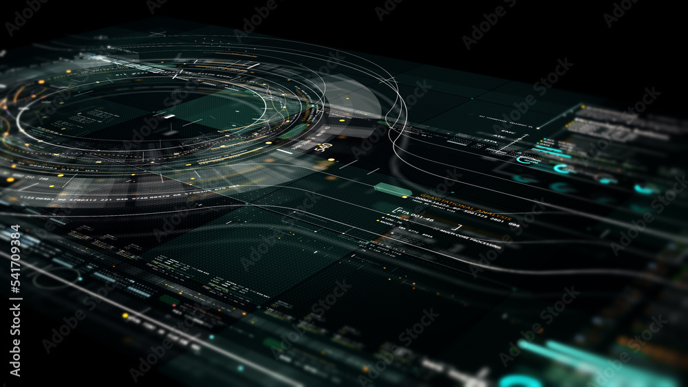 Fototapete Futuristic abstract de-focus flowing data matrix, meta, metaverse, telemetry and encrypt numbers display with particles simulation in cyber space environment for head up display background