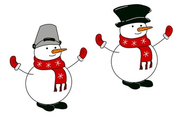 Set of Snowman with hat and scarf isolated on white background. Hand drawing illustration