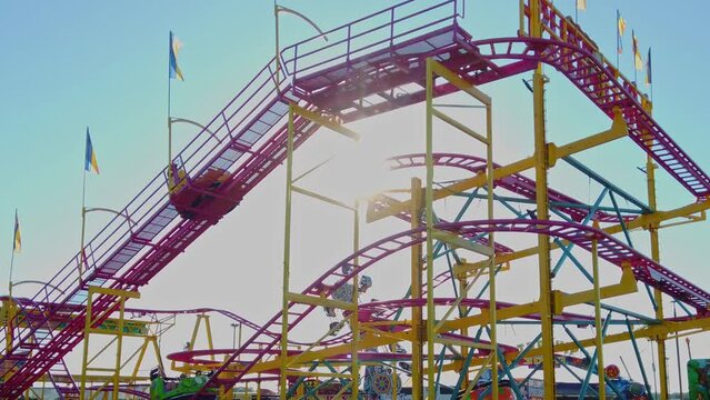 Carnival Fair Roller Coaster Mouse Trap Ride With Sunset