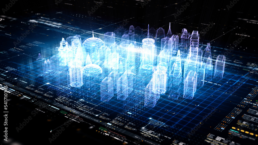 Aufkleber Futuristic head up display of holographic city digitally generated image virtual reality matrix particles in cyber space background environment