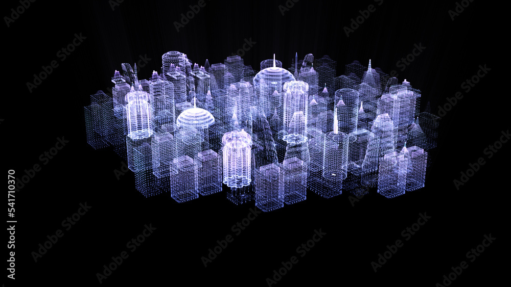 Aufkleber Futuristic head up display of holographic city digitally generated image virtual reality matrix particles in cyber space background environment