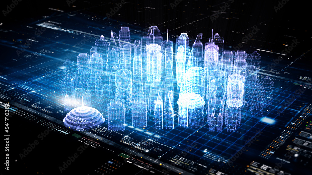 Aufkleber Futuristic head up display of holographic city digitally generated image virtual reality matrix particles in cyber space background environment