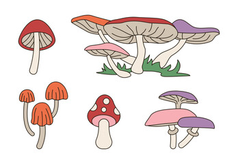 Set of retro groovy Groovy Mushrooms. Boho 60s 70s vector illustration isolated on white.